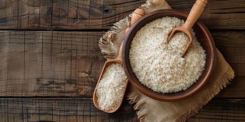 Wooden bowl filled with rice and spoon