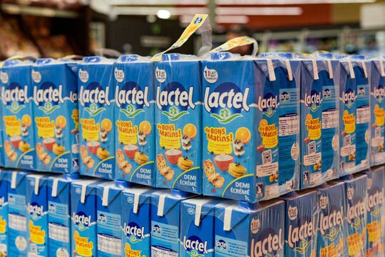 view of lactel milk packs which belong to the lactalis group