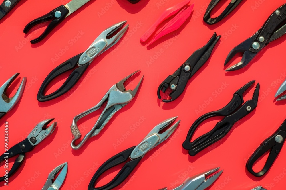 Poster various types of pliers on red surface