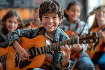 Smiling children practicing timeless music education with passion