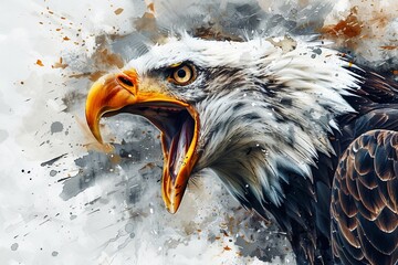 Angry shouting eagle close-up on white background. Watercolour brush strokes artistic technique
