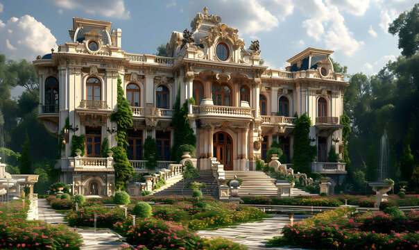 Colonial charm, building exterior design, stately mansion with symmetrical facades, ornate balconies, and grand entrances, reminiscent of an era of opulence and refinement