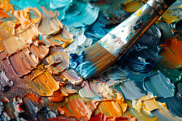 Paintbrush with blue and orange oil paint on canvas. Close-up macro shot of art supplies. Art and...
