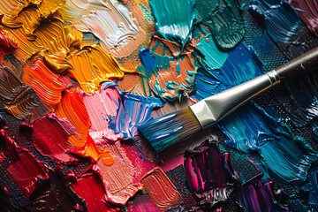 Brush strokes of colorful oil paint on canvas. Macro photography for abstract art and design. Artistic background concept for creativity and workshops
