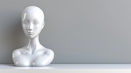   A white mannequin head atop a white shelf against a gray background