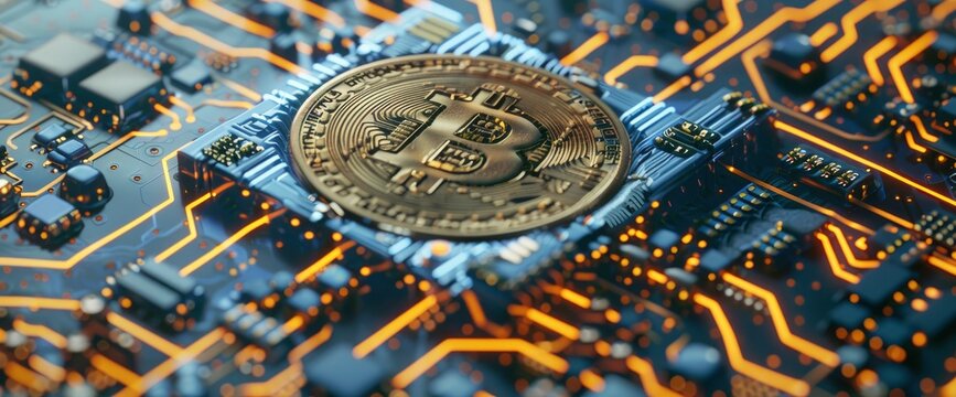 Digital illustration of the bitcoin logo on top of circuit board background, vector style, flat design, high resolution, high detail, digital art, digital painting, high contrast
