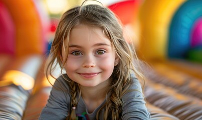 A happy child girl on the inflatable bounce house