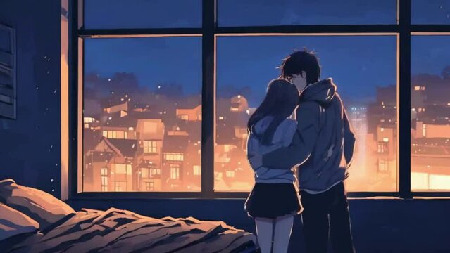 Lofi college girl and her boyfriend hugging in her room at night. It's raining outside and the window is open. The scene is depicted in an anime-style 2D lofi animation video