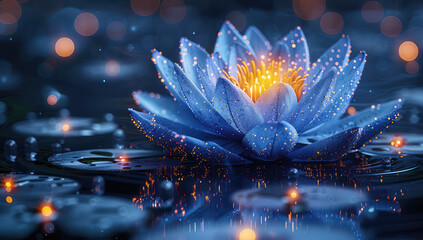 3D render of a glowing lotus flower on the water surface, with glowing lights and a bokeh effect in the style of an impressionist painting. Created with Ai - obrazy, fototapety, plakaty