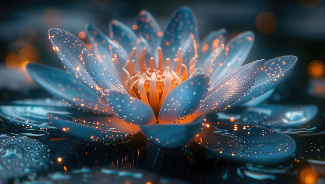 A blue lotus flower blooming on the water, with dewdrops glistening and reflecting light, creating an ethereal atmosphere. Created with Ai