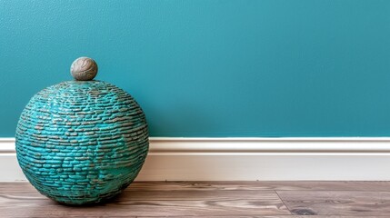   A blue vase atop a wooden floor, in front of a blue wall Snail resides atop the vase - obrazy, fototapety, plakaty