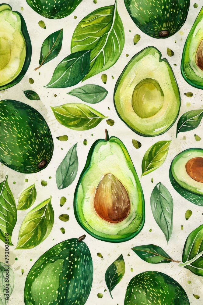 Poster avocado pattern with leaves and seeds