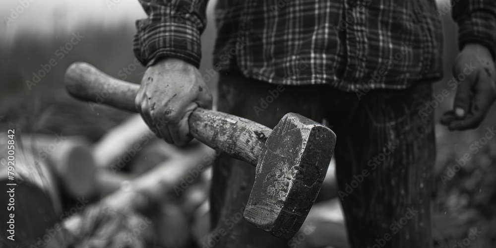 Poster Man with hammer by logs