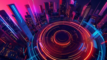Neon futuristic city with digital hud interface.