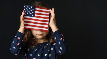 Child holding American flag in front of face.