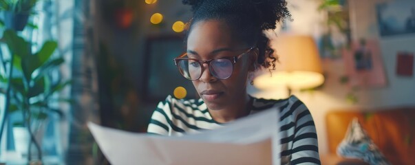 A young woman with glasses is intently reviewing documents, illuminated by warm indoor lighting.
