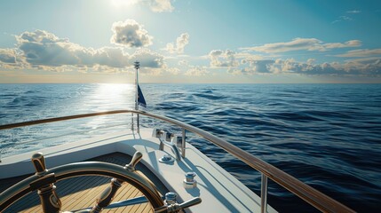 the ship wheel of a sleek yacht against the vast expanse of the sea, evoking a sense of freedom and...