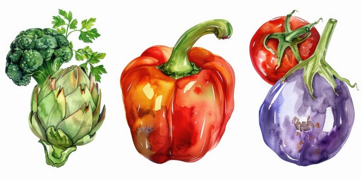 Watercolor painted vegetables on white background
