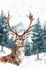 Deer in Snow Watercolor Painting