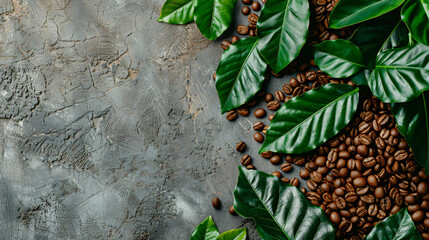 Coffee beans and coffee green leaves on a vintage