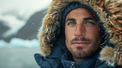 Man dressed bright orange softshell jacket have trekking on the winter mountains route. Active people or survival in the nature concept image.