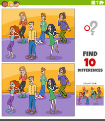 differences game with cartoon surprised young people group - obrazy, fototapety, plakaty