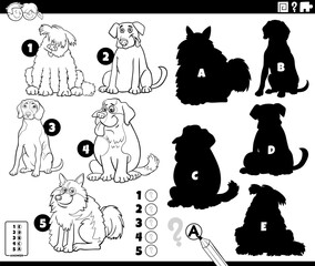 finding shadows game with cartoon purebred dogs coloring page