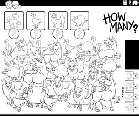 counting game with cartoon farm animals coloring page