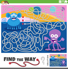 maze game with funny cartoon monsters characters