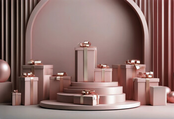 'boxes wedding Valentine Minimal sale 3D soft pink background pastel wall rendering product luxury presentation bokeh gift splay podium realistic arch poduim dais racked'