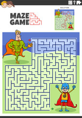 maze activity with cartoon superhero characters