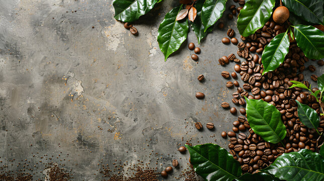 Coffee beans and coffee green leaves on a vintage