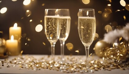 'glittering sparkling candles including decorations close champagne table confetti Year's A New adorned shot elegant glasses. christmas wine party drink dinner luxury alcohol celebration ho' - obrazy, fototapety, plakaty