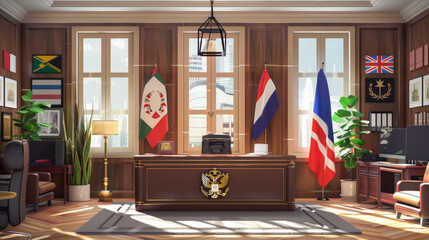 Elegant Office Interior with Flags and Desk - Powered by Adobe