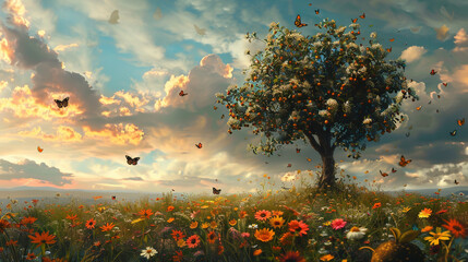 Amidst a field of wildflowers, a lone pear tree stands tall, its branches heavy with fruit as butterflies
