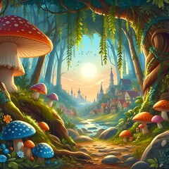 Fototapeta na wymiar Digital fantasy forest landscape illustration with magic trees, mushrooms, concept art style painting with nature, outdoor fairy tale drawing. Summer village artwork with wonderful colors.