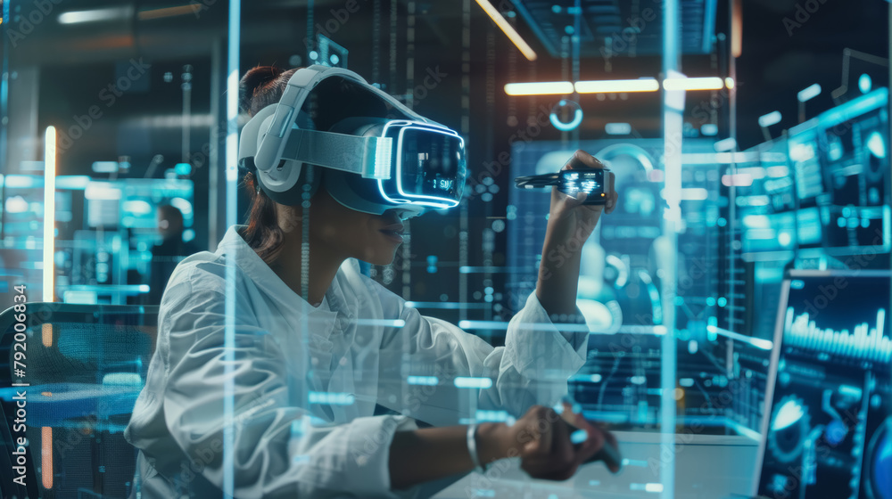 Poster futuristic interface usage by person with vr
