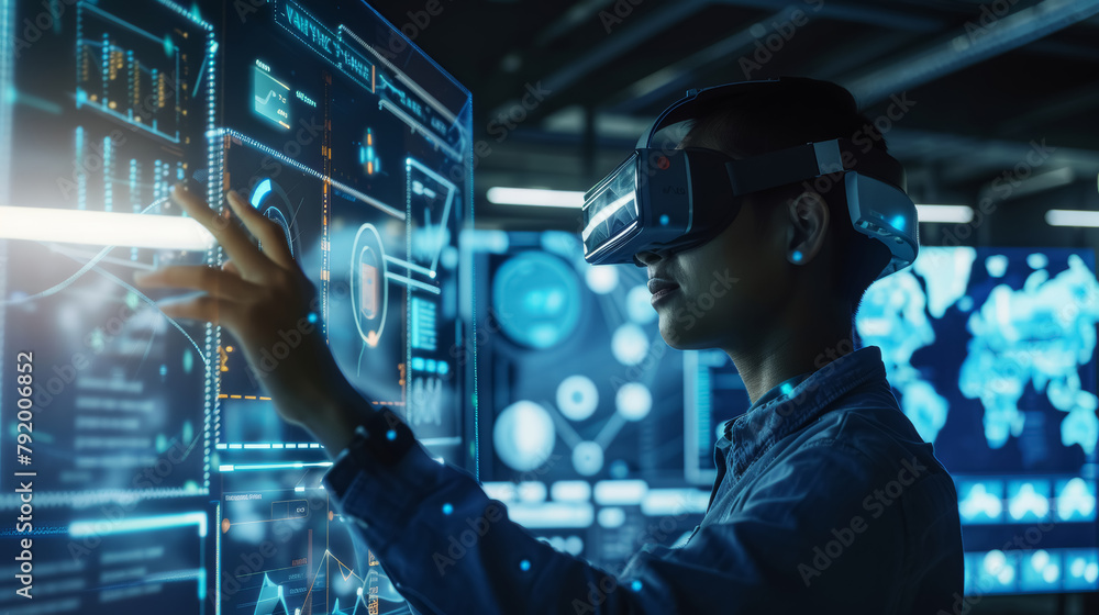 Poster futuristic interface usage by person with vr
