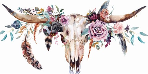 Cow Skull with Flowers and Feathers