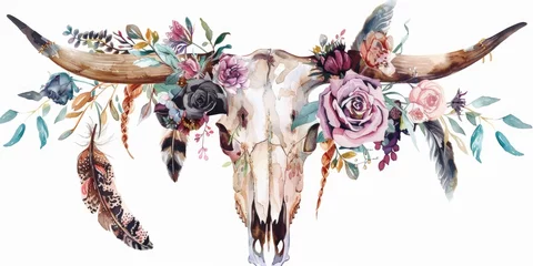 Fotobehang Boho Cow Skull with Flowers and Feathers