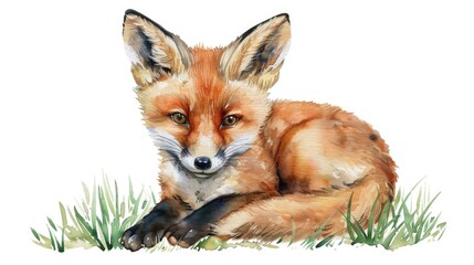 Naklejka premium Fox in Grass Watercolor Painting