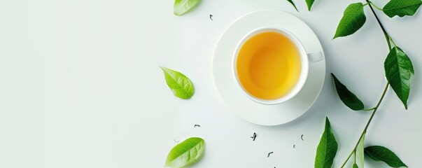 white cup filled with green tea, surrounded by scattered fresh leaves on a bright white background.