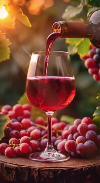 An atmospheric scene in which red wine is poured into a glass. The glass is standing on a wooden plate in front of a beutiful Vineyard in sunset. Vertical Video.
