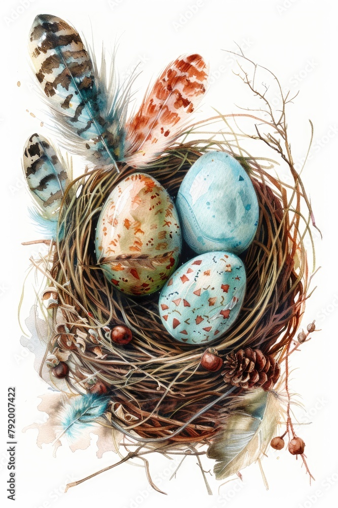 Poster nest with eggs and feathers