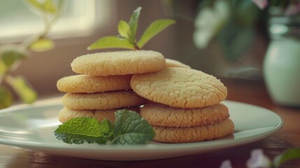Cookies on Plate with Mint Leaves