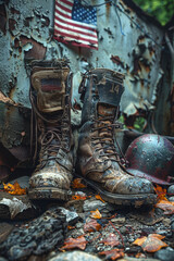 Fototapeta premium Military boots and helmet with American flag, symbolizing armed forces service.