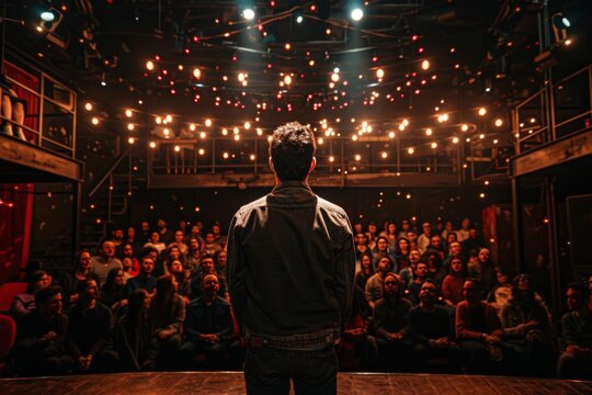 Young male actor standing on stage in front of a large audience looking out at the crowd