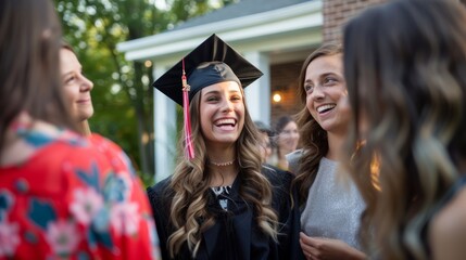 Graduate student in cap smiling among friends. Candid outdoor graduation ceremony portrait.
