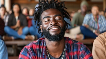 Fototapeta premium A man with dreadlocks sits before a crowd with closed eyes