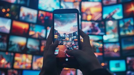 Smartphone capturing the vibrant display of a media video wall